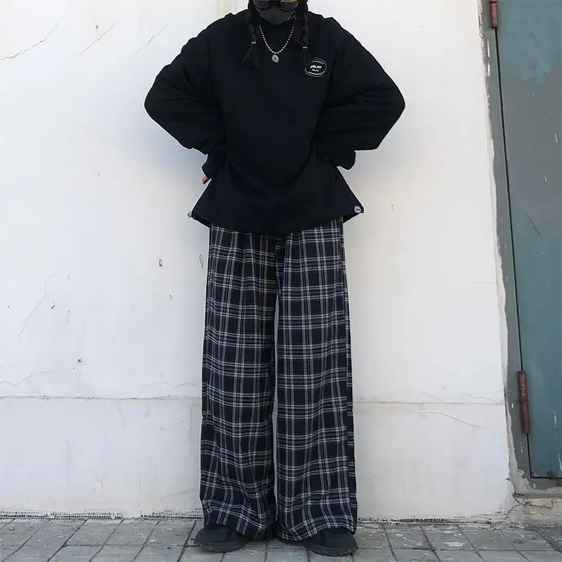 Calças xadrez soltas para as mulheres, casual e chique, oversize, perna larga, harajuku, cintura alta, estilo hip hop, verão, s-3xl
