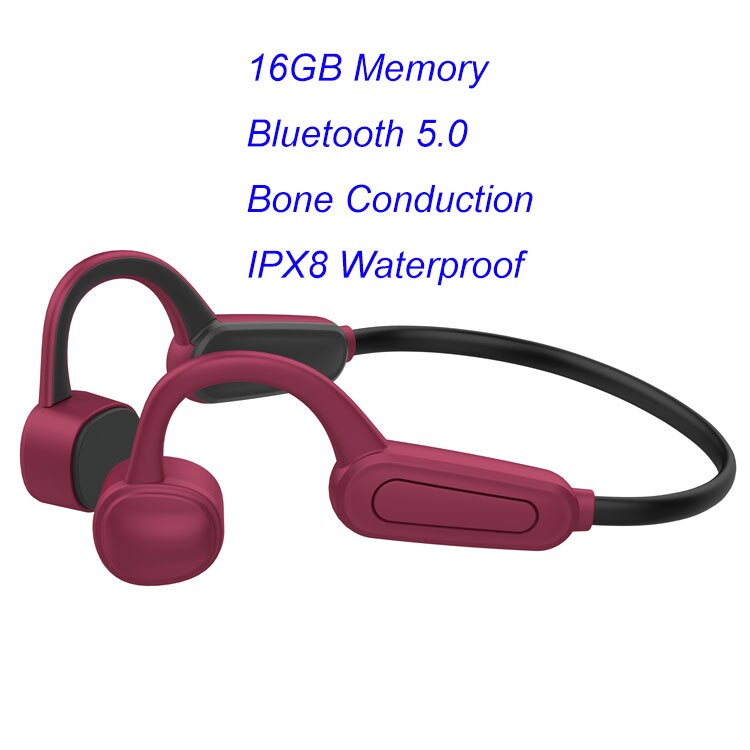 003 Waterproof IPX8 Diving Swimming Surfing Wireless MP3 Player 16GB Bone Conduction Bluetooth Headset Music Player: 16GB  red