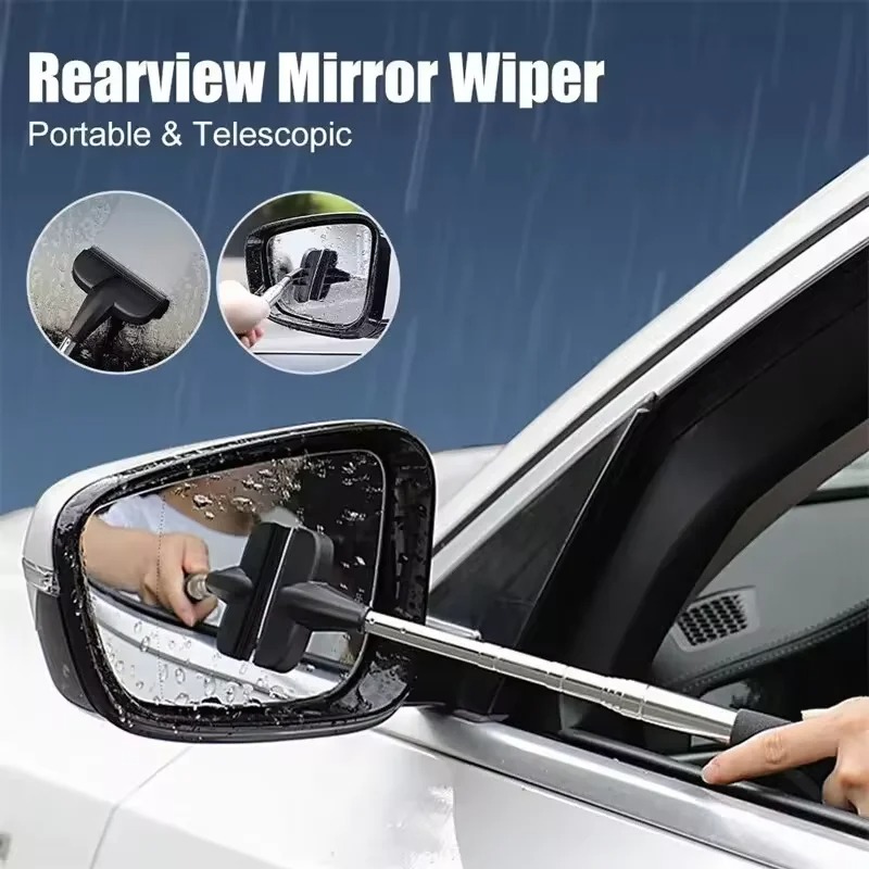 1/2 Pcs Rearview Mirror Wiper Telescopic Handle Rubber Scraper Cleaning Tool Car Rearview Mirror Wiper