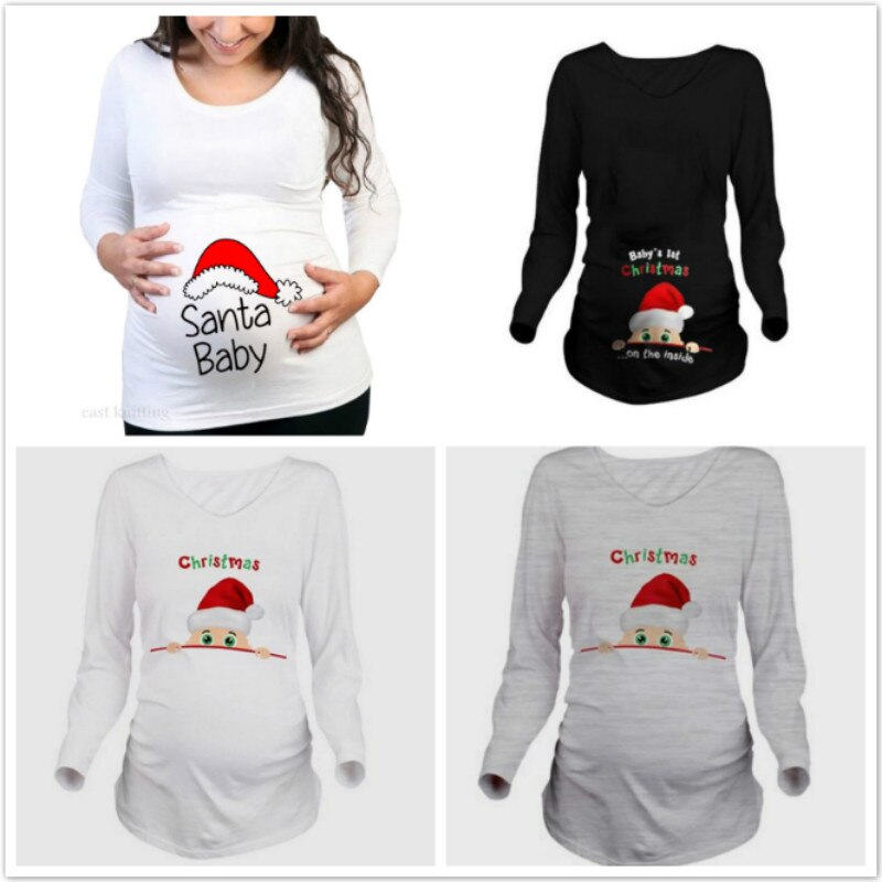 Vår höst kvinnor långärmad t-shirt mamma jul t-shirts härlig tomte baby print t shirt gravid toppar kläder rolig tröja