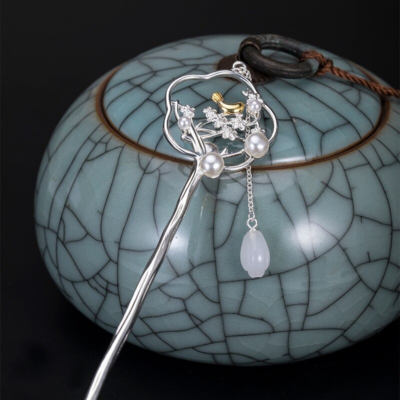 S925 sterling silver hanfu accessories hetian magnolia bird hairpin creative temperament super fairy magpie stepping hairpin