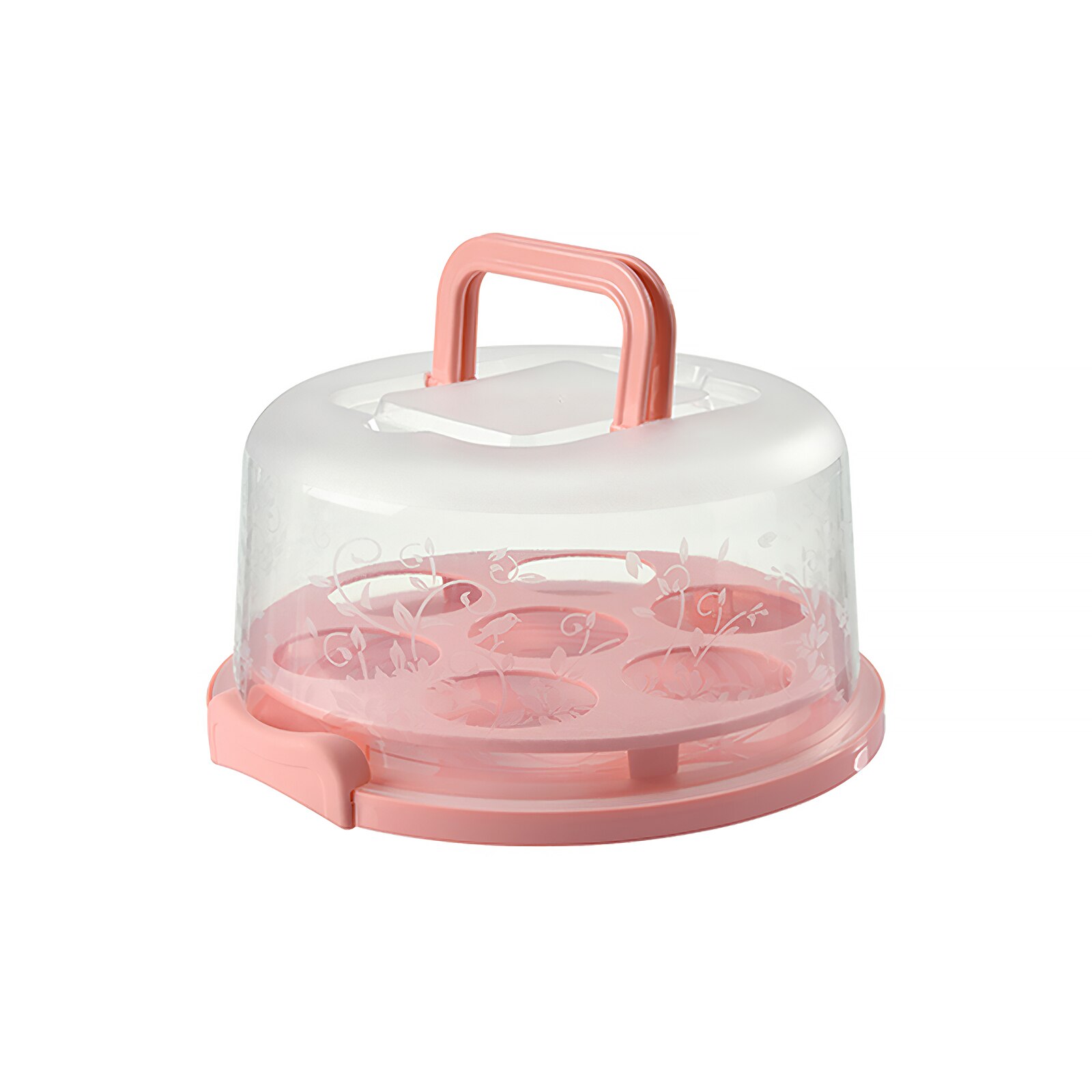 Portable Cake Box 7 Cupcake Positions Plastic Round Cake Carrier Transparent Pastry Storage Box Dessert Container Lid Box 50%: Pink