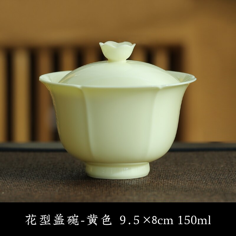 Cover Teacup Handmade Single Colored Glaze Petals Ceramic Tea Bowl Kung Fu Tea Set Gaiwan Tea Ceremony Bowl: (yellow)