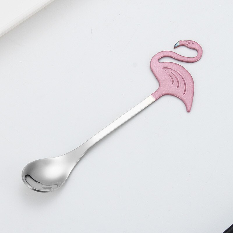 Cuillère à café flamant rose créative en acier inoxydable 304, cuillère à mélanger à peinture plaquée titane, tasse suspendue, cuillère: Silver