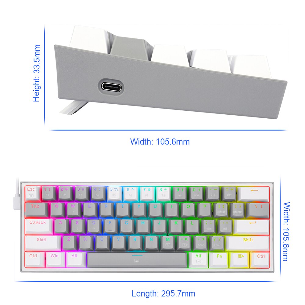 Redragon Fizz K617 Rgb Usb Mini Mechanische Gaming Toetsenbord Rood Schakelaar 61 Toetsen Bedrade Afneembare Kabel, Draagbare Voor Reizen