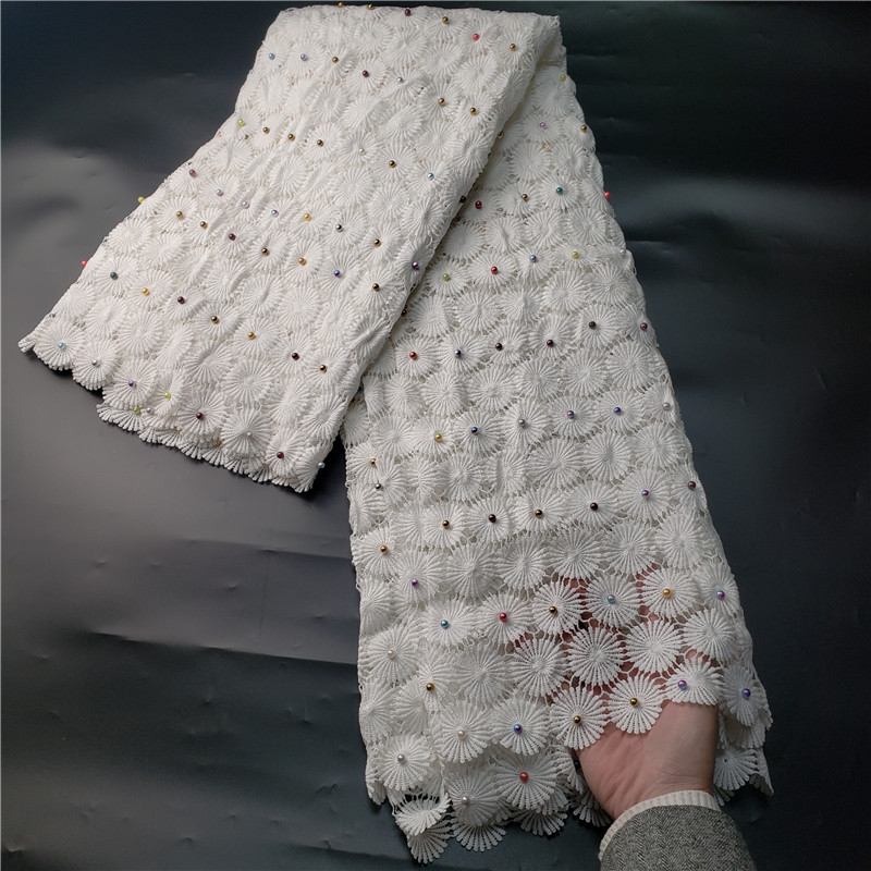 Tela de encaje de guipur de grado clásico para vestido de boda, tejido suave bordado, cordón africano, color blanco puro, amigable con la piel, última NN957-k: with beads1