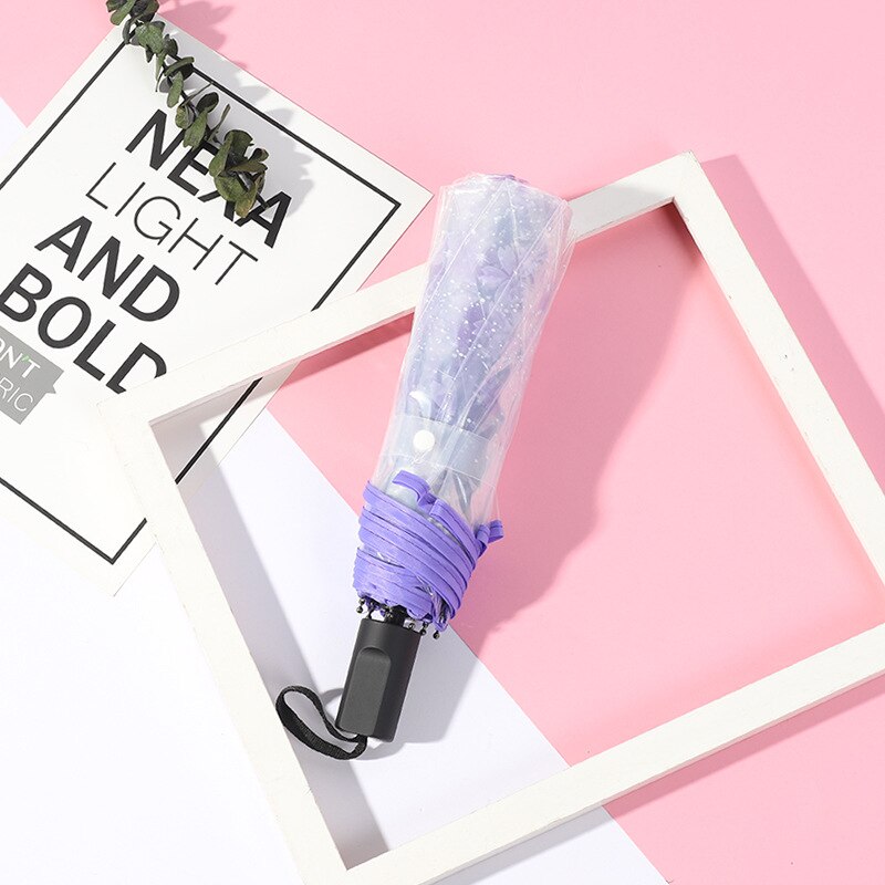 Transparent Women Folding Umbrella Female Luxury Business Rain Umbrella with Sakura Print Windproof Girls Clear Parasol: Purple