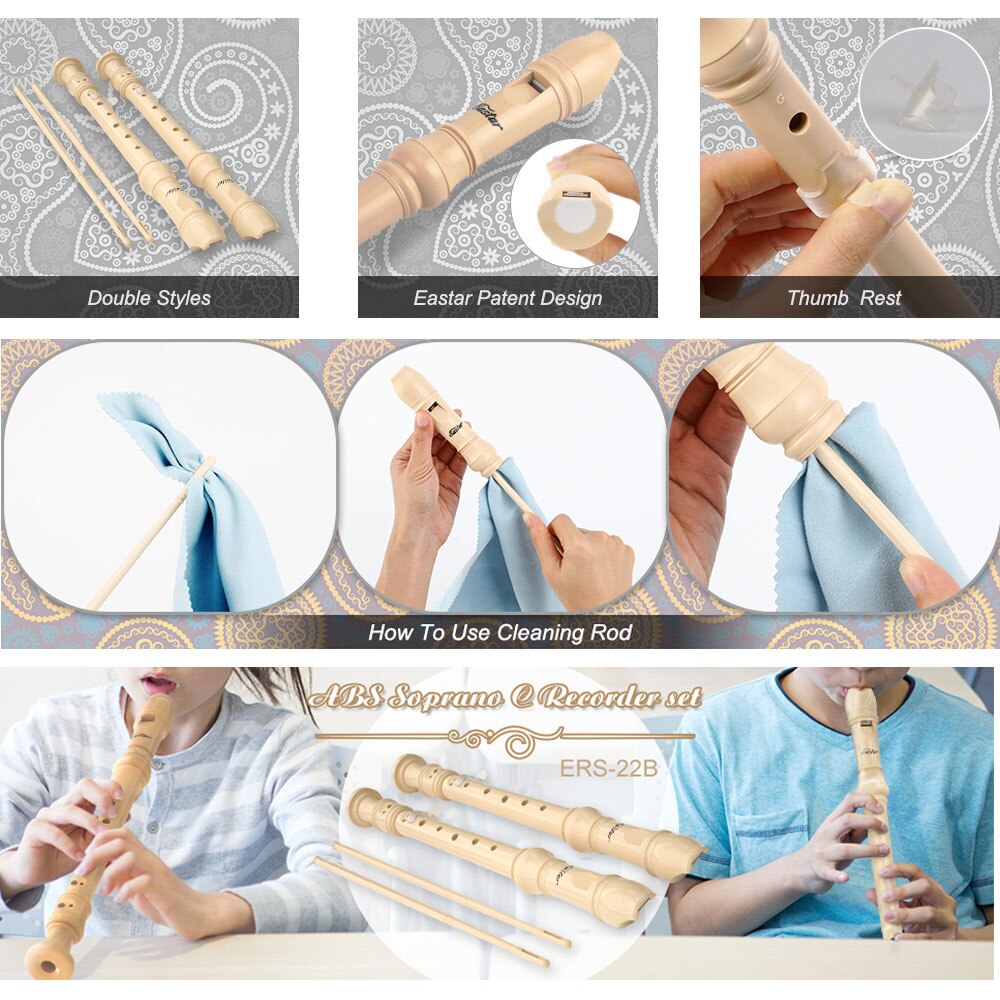 ABS Soprano Recorder German Baroque Style Key of C Fingering Recorders 8 Holes Long Flute Instrument With Bag Cleaning Tool