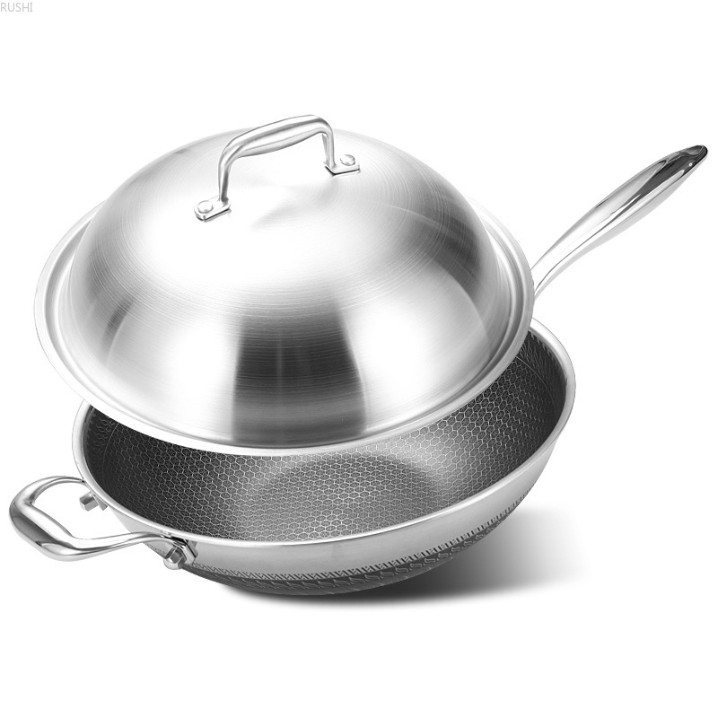 Wok Pan 304 Rvs No-Lampblack Non-stick Met Cover Koken Wok Pan Voor Inductie Kookplaat Gas kachels Kookgerei Platte Potten