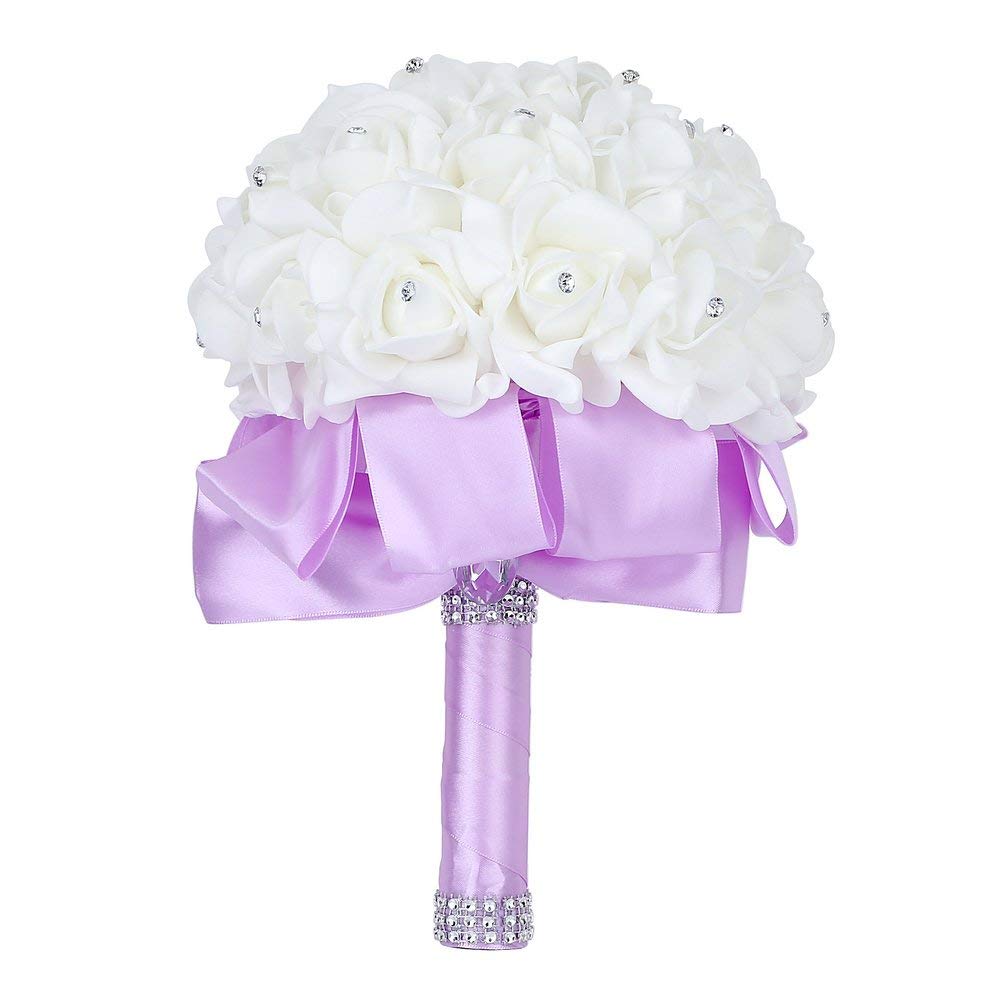 Handmade Beautifu Lilac Bridal Bridesmaid Flower Wedding Bouquet Artificial Rose Ribbon Crystal Bouquets de noiva