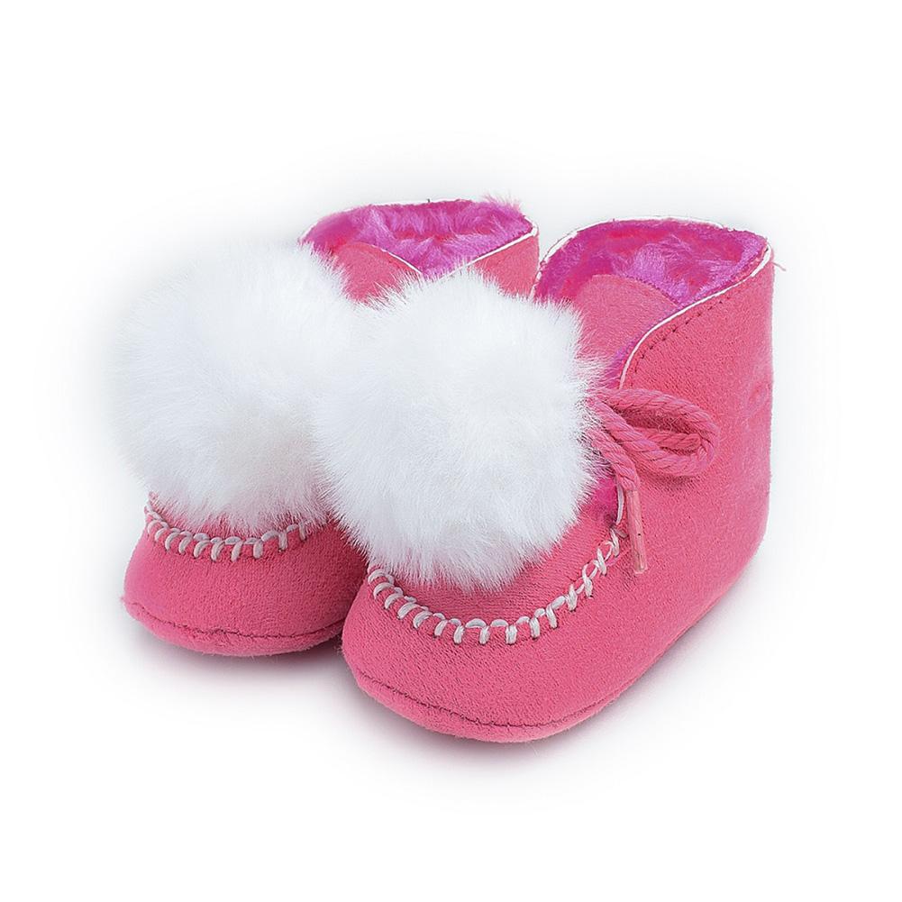 Thicken Baby Boots Lace-Up Lovely Pompon Non-slip Snow Prewalker Soft Coral Fleece Toddler Solid Color Winter Warm Shoes: Pink / 11