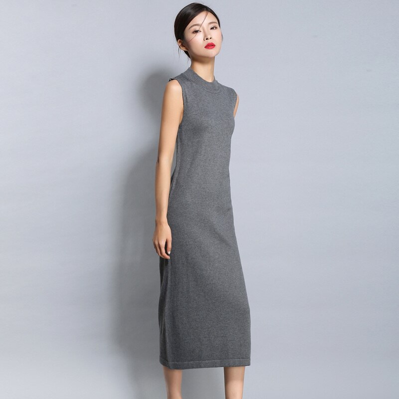 Adohon womens lente Kasjmier Jurken en zomer vrouwen gebreide Lange Oneck Vrouwelijke solid truien Mouwloze: Dark Grey / S