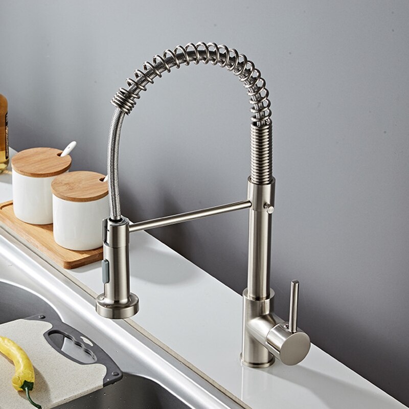 Single-Handle Sink Faucet Pull-Down Sprayer Spring Single Hole Home Kitchen Copper Faucet In Silver
