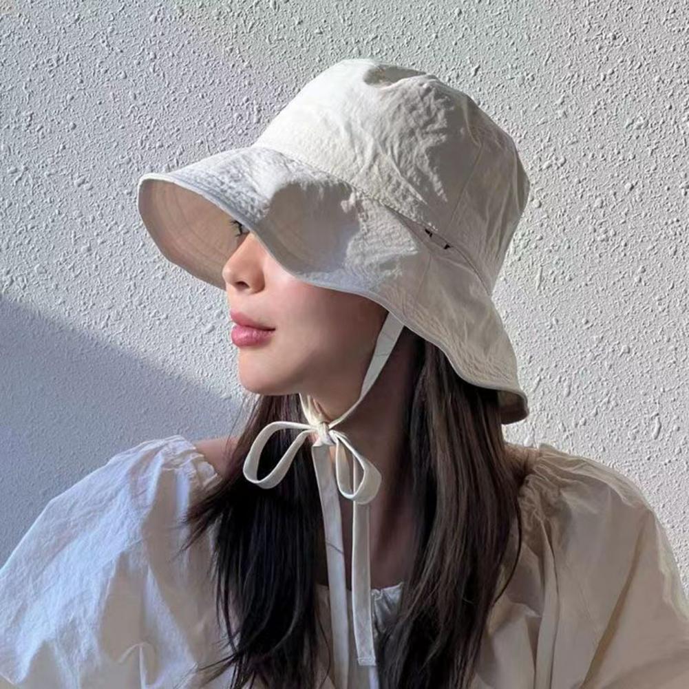 Sombrero de pescador para mujer, a prueba de viento, correa fija, ala ancha, sombrero de cubo para mujer, sombrilla de Color sólido, Anti-UV, tapa plana, gorra plegable de verano