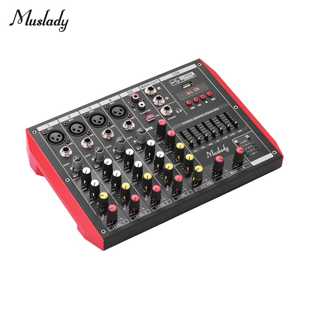 Muslady D6 6-Channel Mixing Console Mixer 7-band EQ Built-in48V Phantom Power Supports BT Connection USB MP3 Player for Karaoke