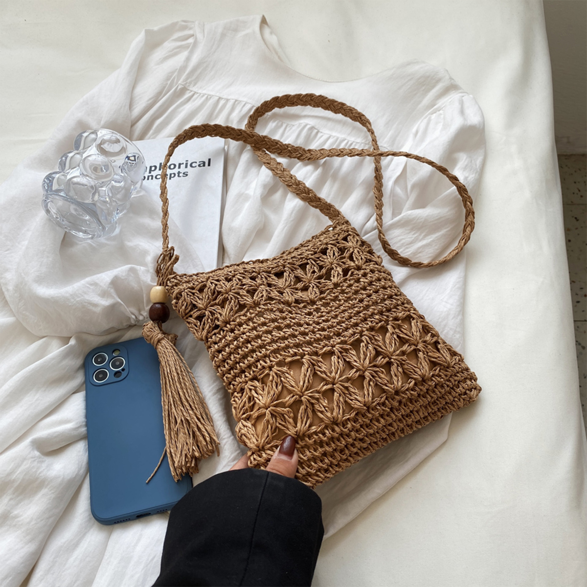 Bolso de playa cuadrado de paja tejida para mujer, detalle de flecos ligero, cierre de cremallera, perfecto para vacaciones y salidas de verano ﻿ bolso