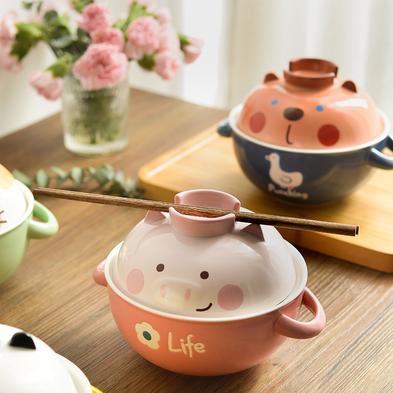 Cuencos de cerámica con tapa de dibujos animados japoneses, cuencos con tapa de oso Panda, gato, cerdo, fideos, Ramen, fruta, ensalada, sopa, bandeja, novedad