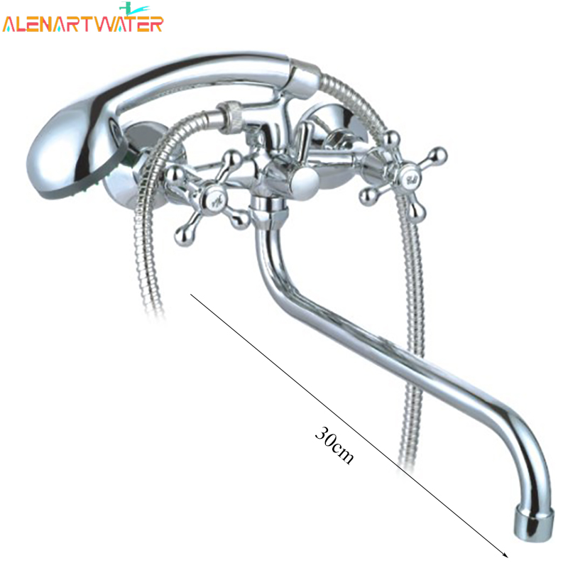 Chromen Badkuip Douchekraan Wandmontage Bad Mixer Lange Mond Tuit 360 Rotatie Badkuip Kraan Mengkraan Douche
