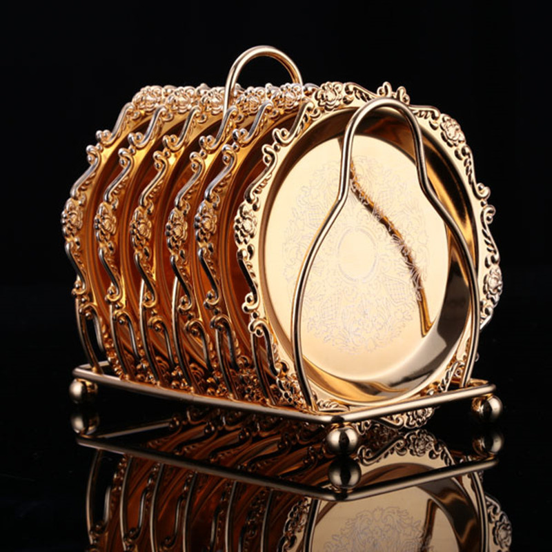 Golden Cocktail Coaster Metal Exquisite Cake Tray Set Dishes Rack Set Vintage Zinc Alloy Silver Plated Mat Placemat Snack Tray: Gold set