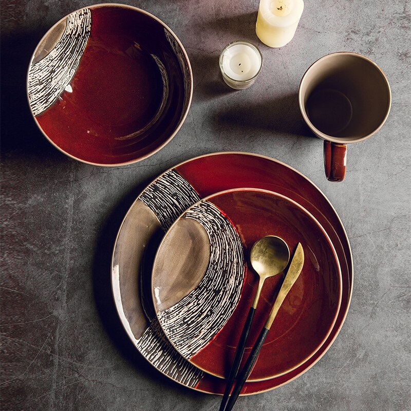 Retro Ceramic tableware dinner plate retro tableware western-style steak Cake fruit bread plate household dish sets