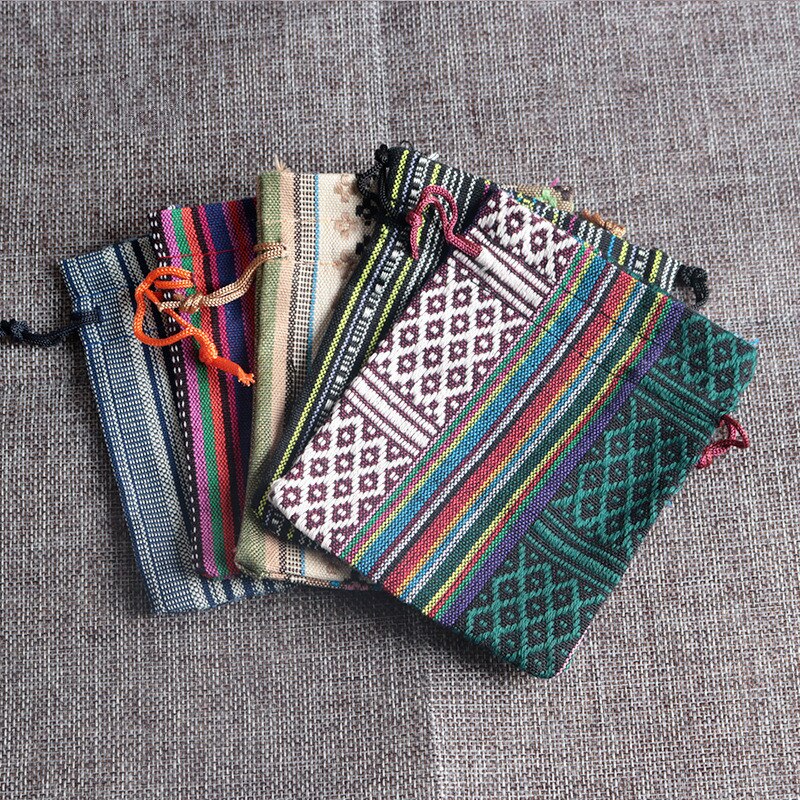 Bolsas étnicas de algodón de 9x13cm, a rayas de colores, embalaje de joyería, bolsa de con cordón, 50 unids/lote, novedad