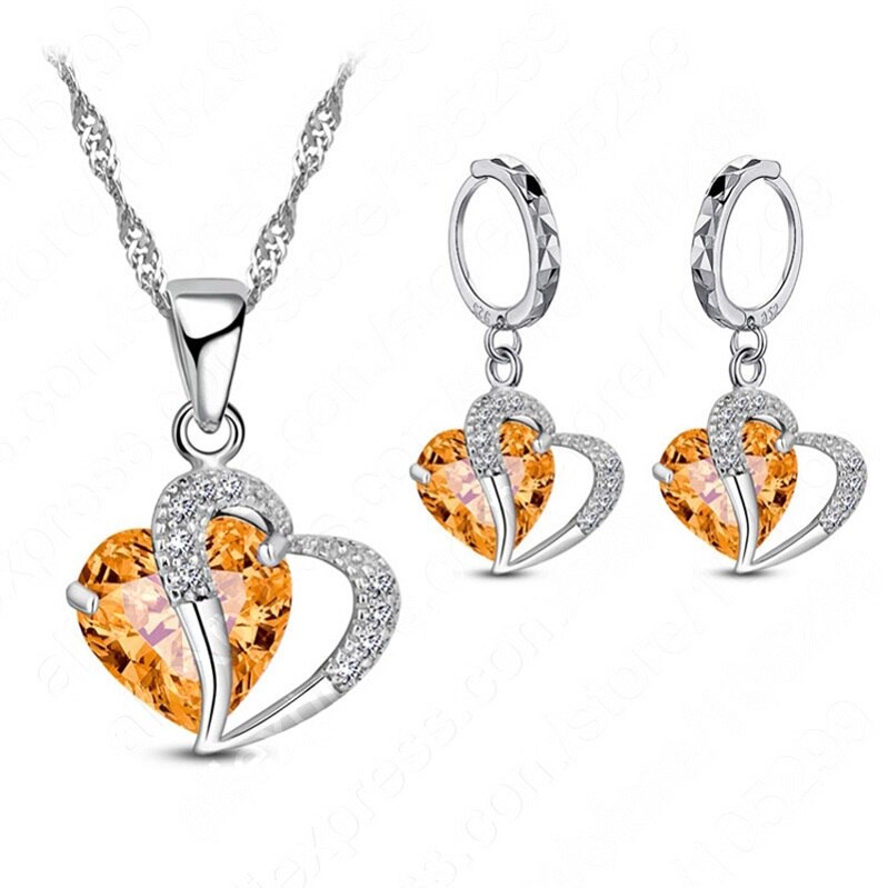 Luksus kvinder 925 sterling sølv cubic zircon halskæde vedhæng øreringe sæt brusk piercing smykker bryllup hjerte: Champagne