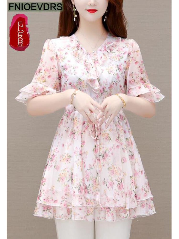 M -5xl klær klær dame europeisk stil basisskjorte blomstertrykk retro rysjer magetunika peplum topp bluser