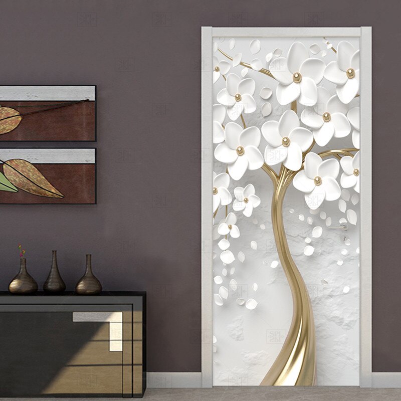 Zelfklevende Deur Sticker 3D Stereo Witte Bloemen Muurschildering Behang Woonkamer Slaapkamer Home Decor Deur Poster Waterdicht Sticker