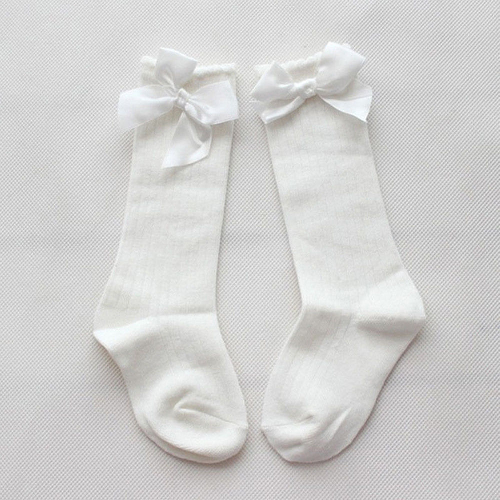 Baby Meisje Knie Hoge Bogen Prinses Sokken Lange Buis Booties Gestreepte Katoenen Sokken: WHITE / 2-4 Years