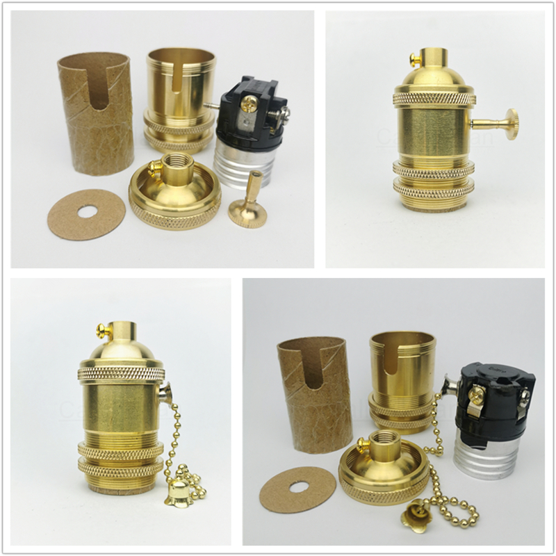 Portalámparas de latón 100% de cobre, perilla de toma de luz eléctrica o interruptor de cadena y tornillo roscado, ajustador de anillo de sombra, Base de iluminación DIY