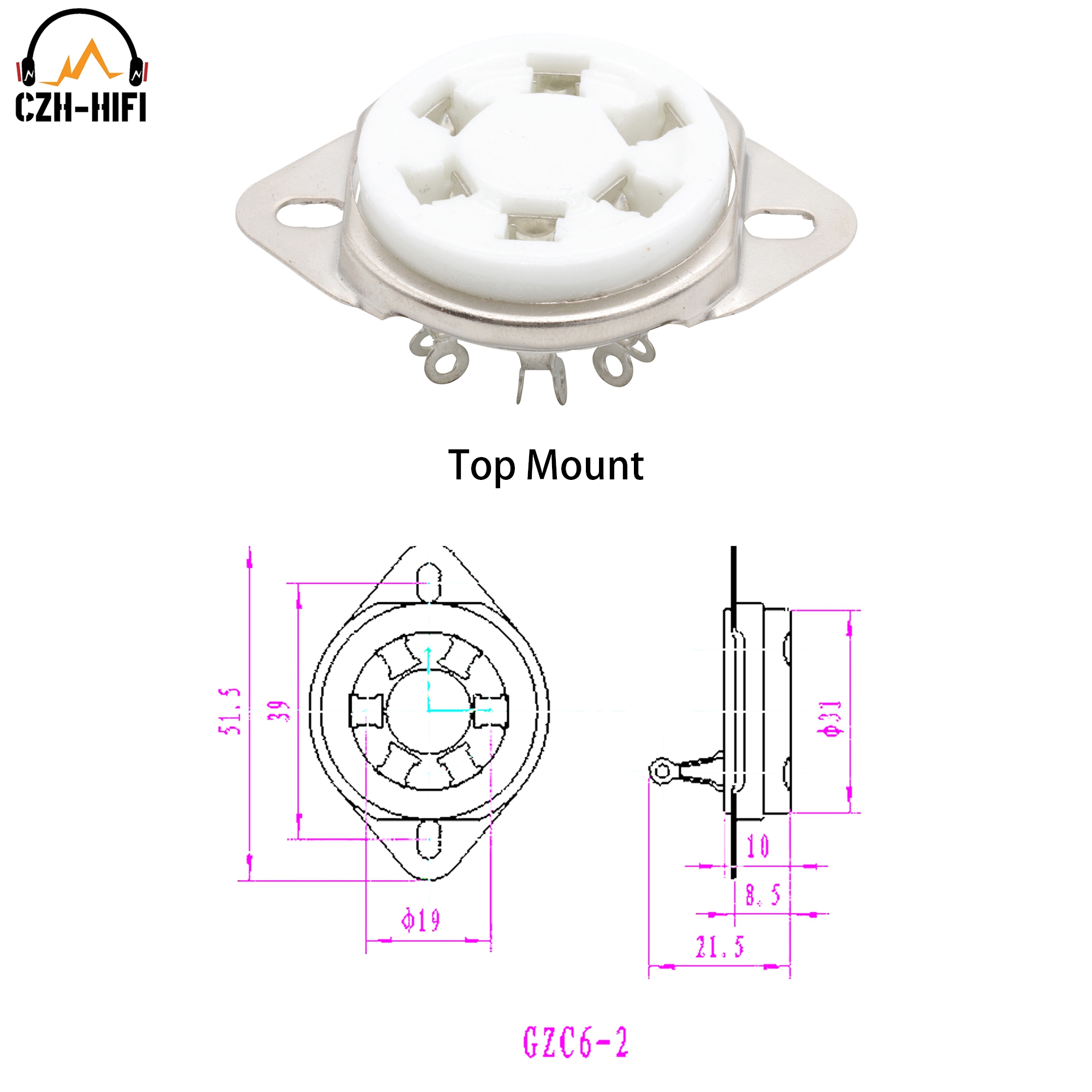 6pin U6A Rohr Buchse Keramik Ventil Basis Power Lampe Jack Für 2A5 6C6 6D6 KR43 KR49 VT57 VT58 Chassis Bottom Mount DIY HiFi: Silber