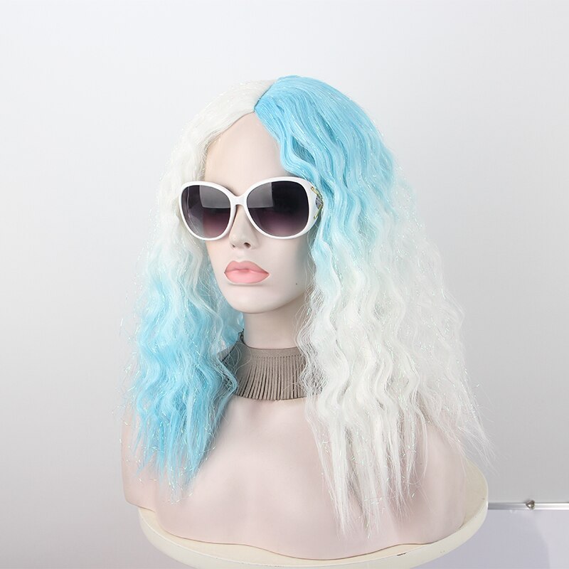 Anxin couleur bleu et blanc cheveux longs raides cheveux bouclés dégradé couleur fraîche perruque en fibres synthétiques haute température soie vie perruque