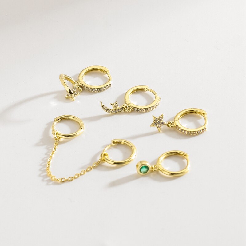 Juego de pendientes de aro de circonio cúbico a la para mujer, conjunto de pendientes de luna y estrella, joyería de boda , 6 uds.