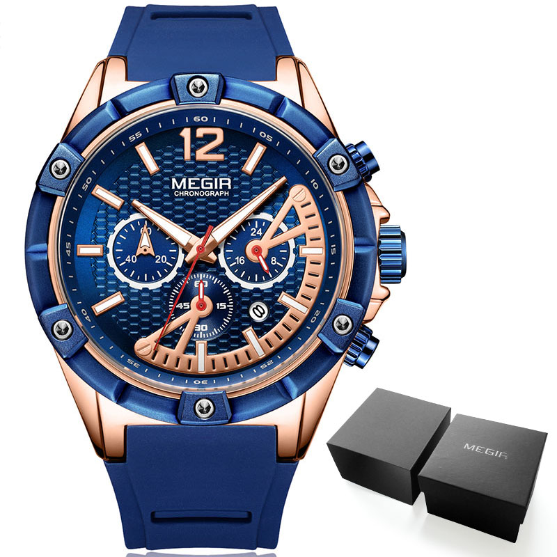 Megir Army Sport Waterdichte Quartz Horloges Voor Mannen Blauw Siliconen Stopwatch Relojios Masculinos Klok Lichtgevende 2083GBE-2: MN2083G-Rose-Blue