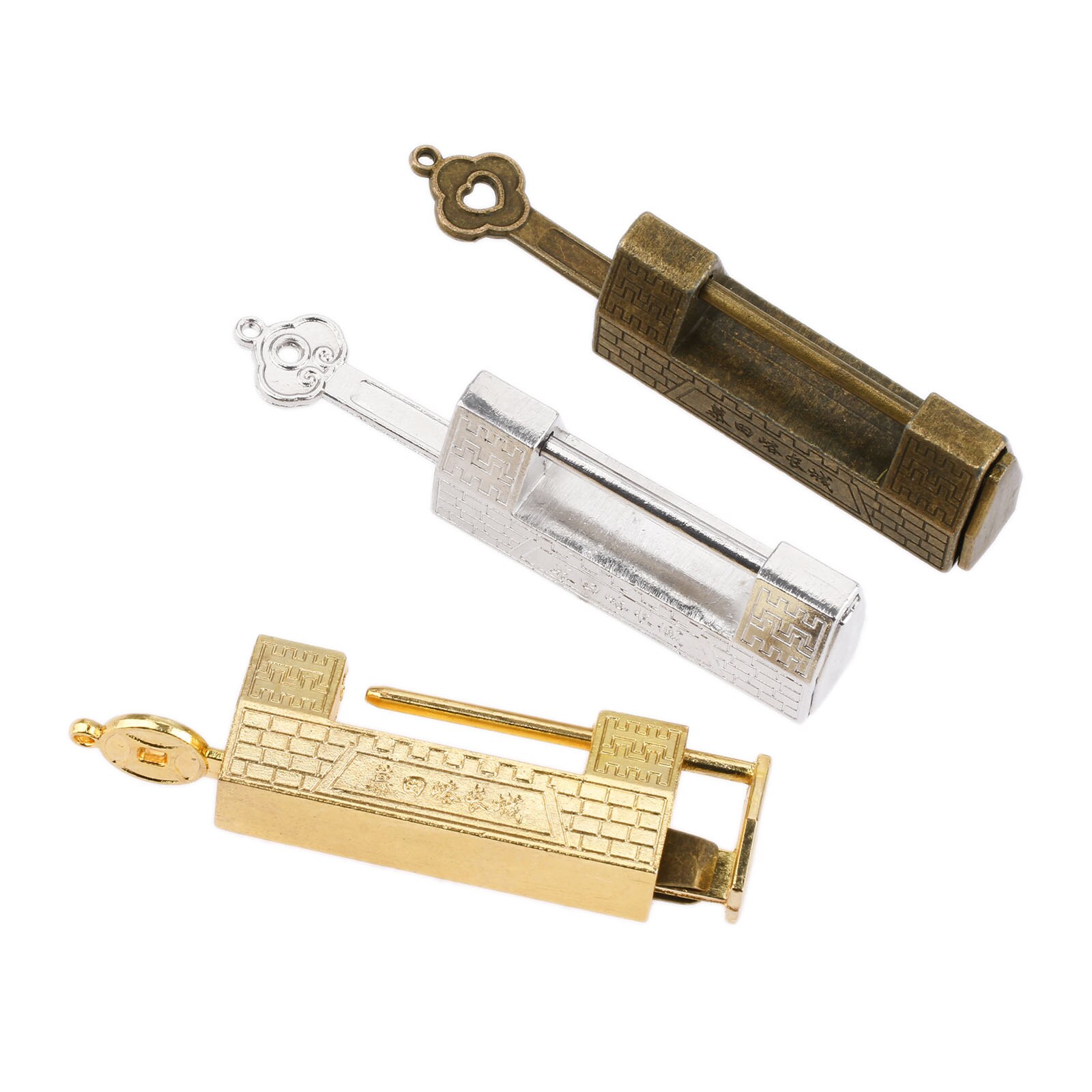 Vintage Slot Met Sleutel Grote Muur Patroon Hangslot Goud/Zilver/Brons Antieke Oude Chinese Sieraden Houten Doos Case lade Kast