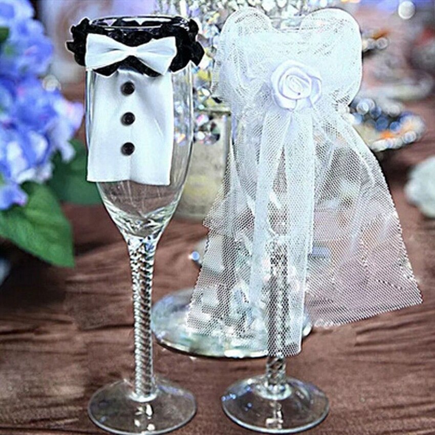 2pcs Toasting Decoration Bride&amp;Groom Tux Bridal Veil Party Wedding Mark Wine Glass Decor DIY Beautiful Decorations