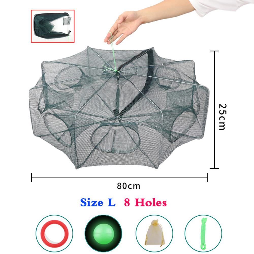 6/8/12/20 Holes Casting Fishing Net Crayfish Catcher Crab Cage Nylon Network Foldable Mesh for Catch Fish Tool Trap Landing Nets: Light Grey