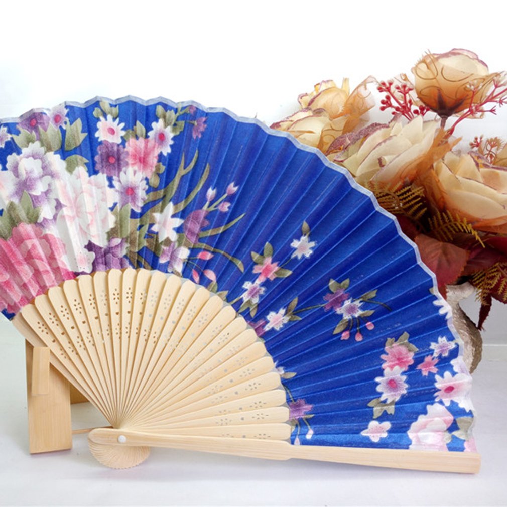 Portable Fan Japanese Style Women's Hand Held Folding Fan No. 8 Beautiful Cherry Color Satin Fan with Bamboo Frame: 2 Royal Blue