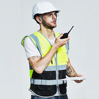 Sfvest herre cargo arbeidsvest multi lommer gylden sikkerhetsvest reflekterende vest arbeidsklær ogo utskrift: Gul svart / Xl-bryst 124cm