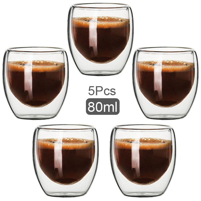 80ML Double Wall Glass Cup Transparent Handmade Heat Resistant Tea Drink Cups MINI Whisky Cup 100 centigrade Espresso Coffee Cup: 80ml x 5