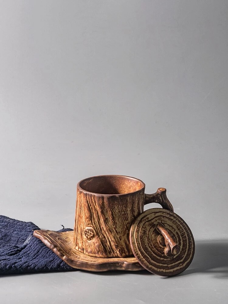 Handmade stoneware coffee mugs cup household coffee mugs with handles retro art garland cup Japanese tree stump-shape