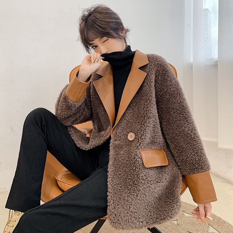 Veste en fausse fourrure pour femmes, manteau de Teddy, nouvelle , automne-hiver, peluche, manteau en fausse fourrure pour femmes, mince, laine d'agneau: coffee / L