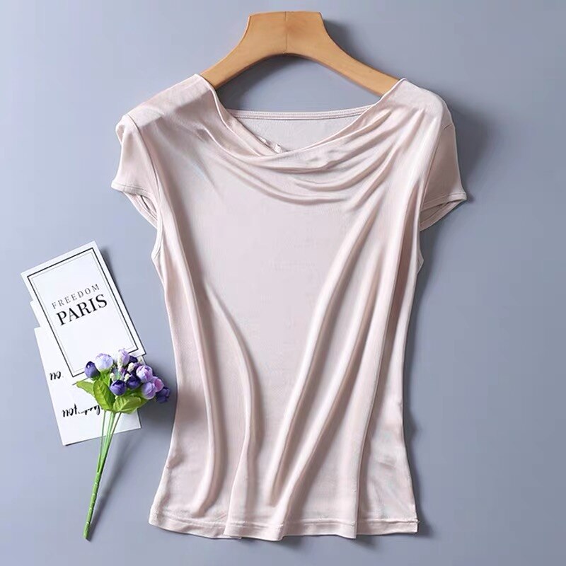 Dame #39 silke 50%  viskosestrik t-shirts s 50%  draperet halsudskæring top 8 farver m -2xl sj305