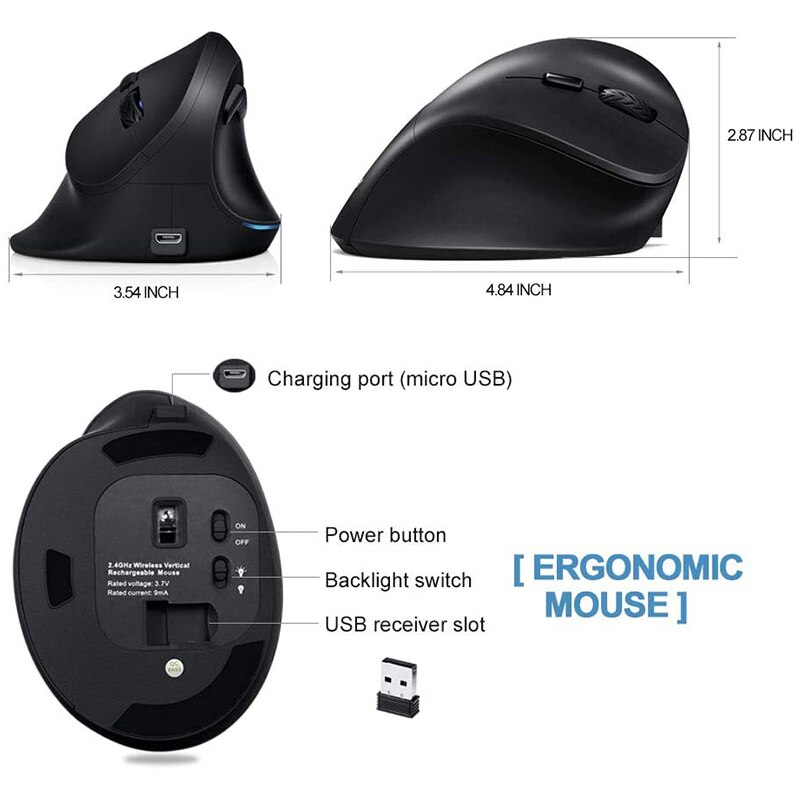 Vertical Wireless Mouse,Rechargeable 2.4G Optical Silent Ergonomic Mouse,Adjustable DPI 800/1200/1600,Large Hand Mouse