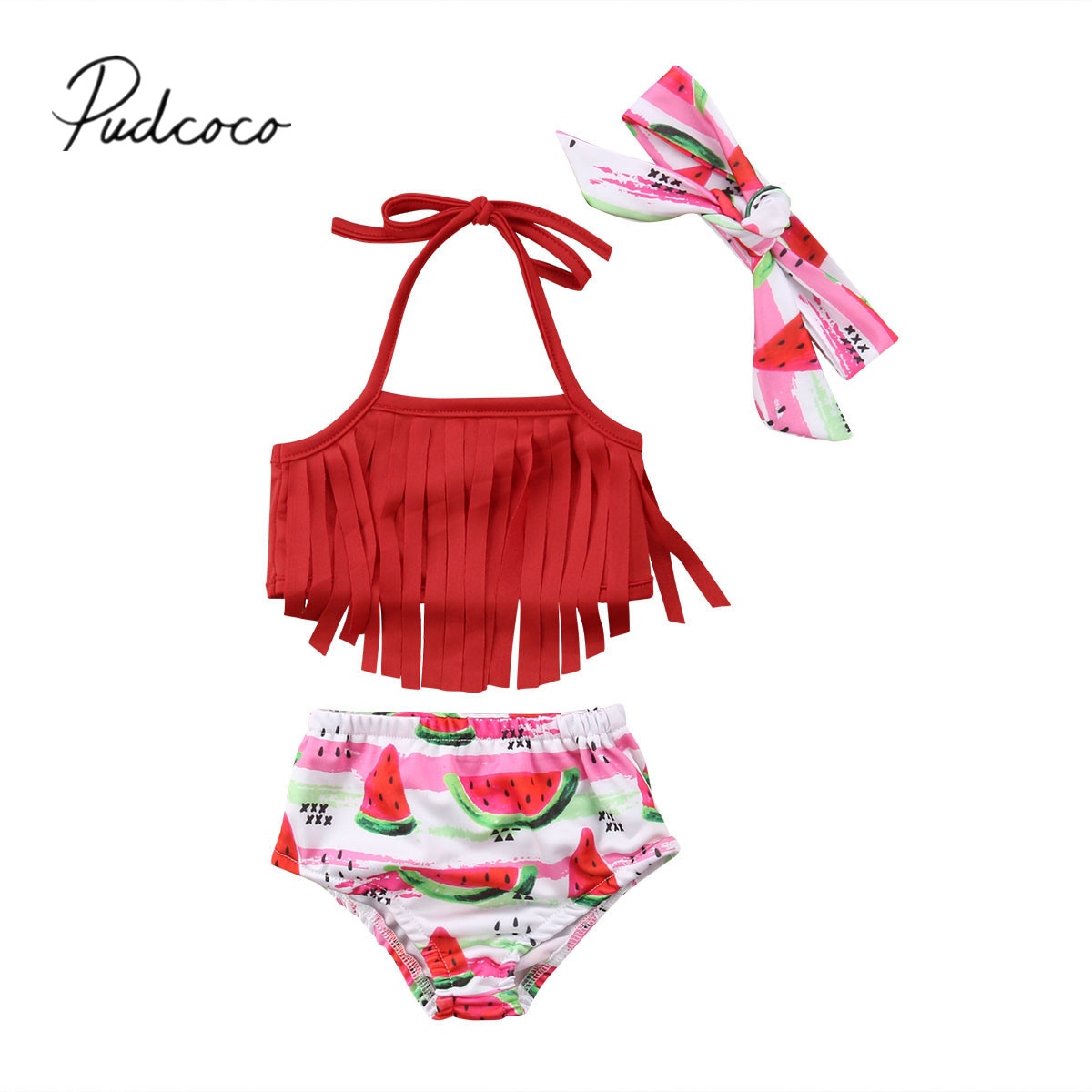 Gloednieuwe 3 Stks Peuter Pasgeboren Baby Meisjes Kwastje Badmode Baden Bikini Set Outfits Badpak Watermeloen Bikini Set