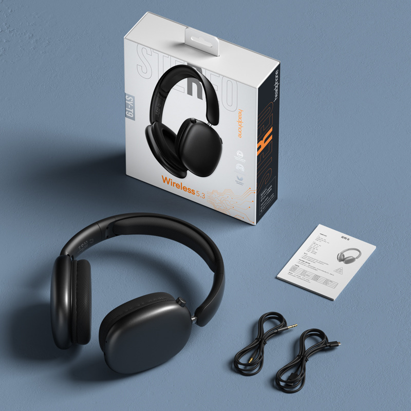wireless head mounted Bluetooth earphones with no sound leakage, gaming phones, computers, noise cancelling earphones: black
