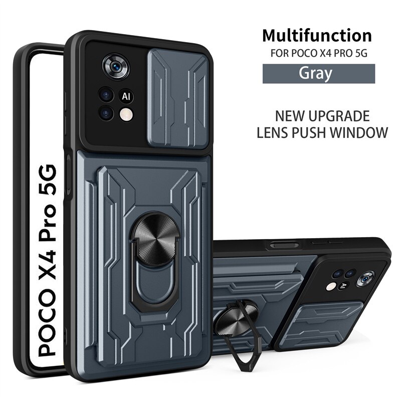 Voor Xiaomi Poco X4 Pro 5G Case Magnetische Ring Houder Armor Cases Voor Pocophone X4Pro PocoX4 Pro Poko X 4 Pro Card Slot Back Cover: Gray