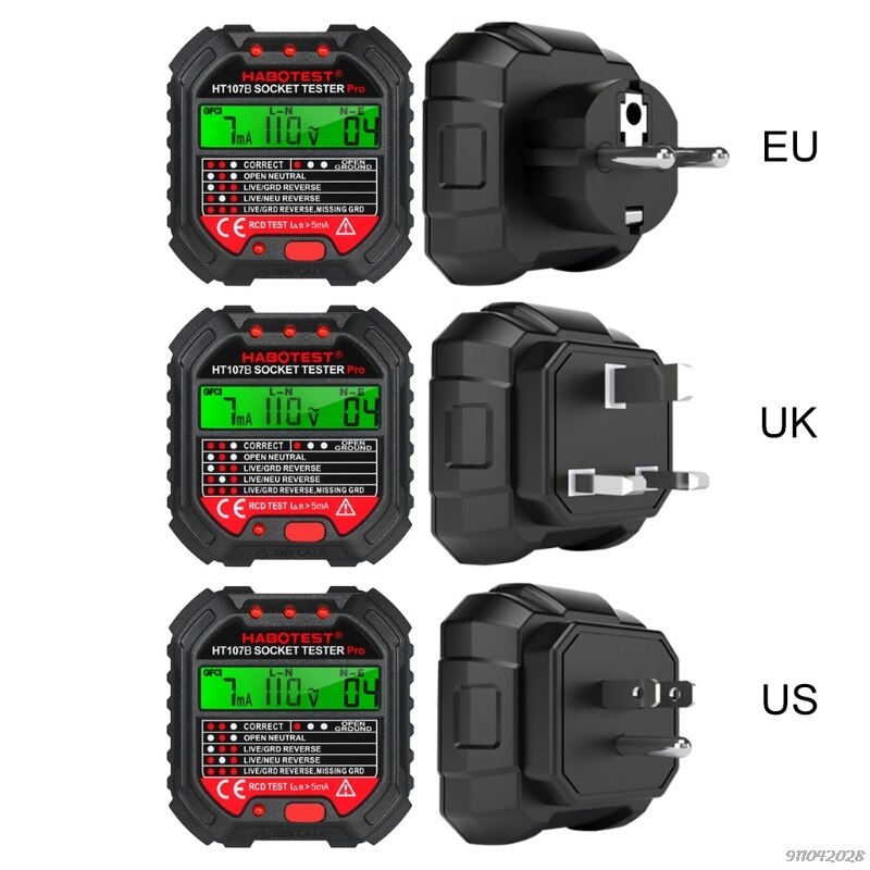 HT107 Socket Tester Voltage Test Eu/Uk/Us Plug Lijn Tester Rcd Voltage Meting Lcd Display Socket Tester lekkage