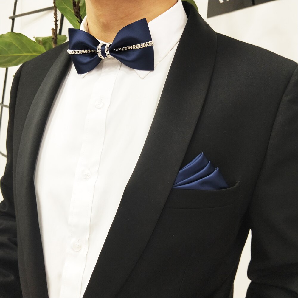 Pajarita de seda para hombre, corbata de diamante hecha a mano de lujo para boda, original, conjunto de pañuelo de corbatín retro para negocios: tie set 02