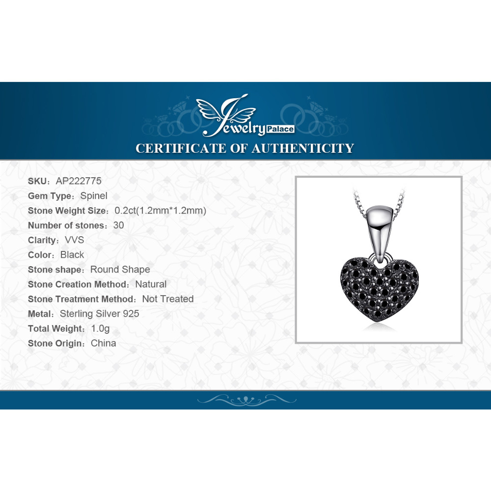 JewelryPalace Heart Love Natural Black Spinel Gemstone 925 Sterling Silver Pendant Necklace for Women Jewelry No Chain